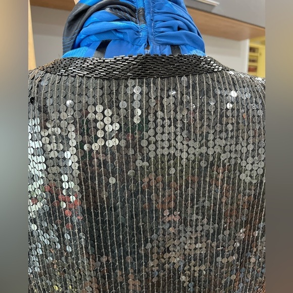 Vintage Nite Line Black Silk sequin beaded open front trench jacket women's L - Picture 9 of 10